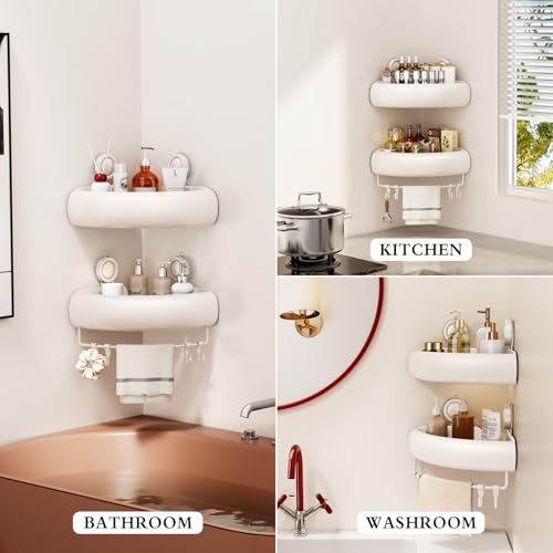 CICUFY Shower Caddy Suction Cup, 2 Pack No Drilling Corner Shower Shelves, Rust Proof Bathroom Storage Organizer, Shower Corner Caddy with Removable Hooks and Towel Bar, Triangle, Cream - style: Triangle Cream (2 Pack )