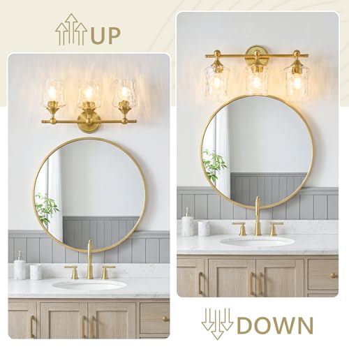 3-Light Bathroom Vanity Light Fixture Over Mirror, Brushed Gold | Clear Hammered Glass Shades, Beaded Crossbar Frame, Rippled Glow, Wall Mount Up or Down, E26 Socket, Hardwired, 120V - color: Brushed Gold