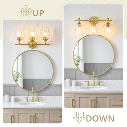 3-Light Bathroom Vanity Light Fixture Over Mirror, Brushed Gold | Clear Hammered Glass Shades, Beaded Crossbar Frame, Rippled Glow, Wall Mount Up or Down, E26 Socket, Hardwired, 120V - color: Brushed Gold