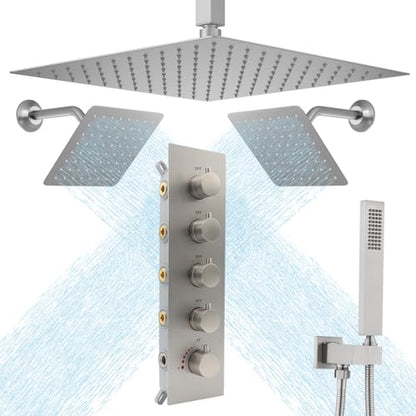 Thermostatic Shower System Three Shower Heads with 16" Ceiling Mounted Rain Shower Head & 2 x 6" Wall Mounted Head 4 Function Shower System Can All Run Together, Brushed Nickel - color: Brushed Nickel