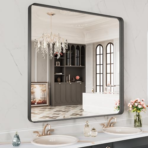 LOAAO 28X32 Inch Black Metal Framed Bathroom Mirror for Wall | Matte Black, Anti-Rust, Hangs Horizontally or Vertically - color: Black, size: 28"L x 32"W