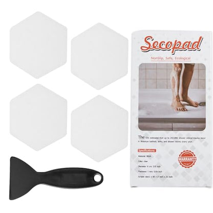 Secopad Bathtub Stickers Non-Slip, 12 PCS White Hexagon Safety Shower Treads Adhesive Appliques with Premium Scraper - color: White