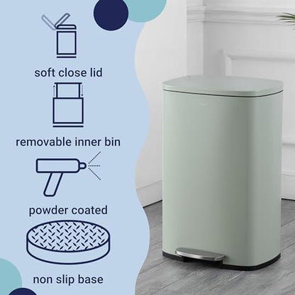 happimess Connor 2-Piece Iron Trash Can, Pistachio Gelato | 13.2 And 1.3 Gallons, Rectangular, Soft-Close Lid, Step Pedal, 20 Liners, 26" And 12" Height - color: Pistachio Gelato