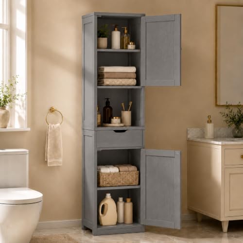 Walsunny Tall Bathroom Storage Cabinet with 6 Adjustable Shelves, Gray | Anti-Tip Safety, Waterproof MDF, 2 Doors + 1 Drawer, Easy Assembly, for Bathroom/Living Room/Kitchen - color: Grey, style: 1 drawer