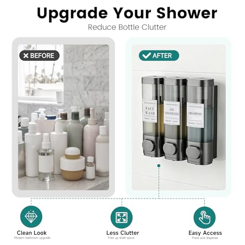 Shower Soap Dispenser 3 Chamber No Drill Wall-Mounted Shampoo Dispenser | Shampoo and Conditioner Dispenser,Wall Mounted Shower Dispenser for Bathroom Hotel Large Capacity,Gun Gray - color: 3gray