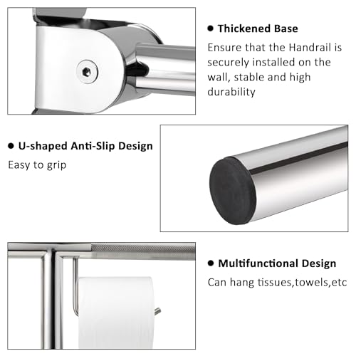Handicap Grab Bar, 29.5 Inch Stainless Steel Toilet Safety Rails, Disabled Flip-Up Bathroom Grab Bars with Paper Holder, Anti-Slip Toilet Handrails Hand Grips Handicap Grab Bars for Elderly