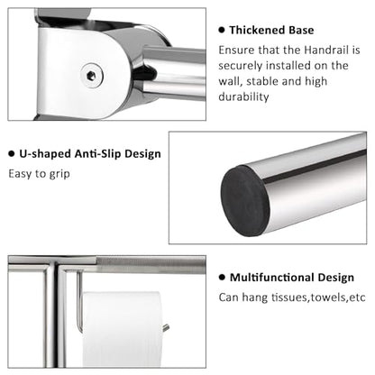 Handicap Grab Bar, 29.5 Inch Stainless Steel Toilet Safety Rails, Disabled Flip-Up Bathroom Grab Bars with Paper Holder, Anti-Slip Toilet Handrails Hand Grips Handicap Grab Bars for Elderly