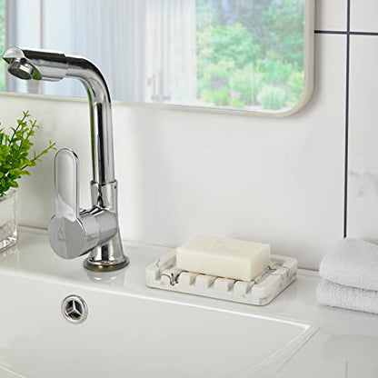 INIUNIK 2PCS Self Draining Soap Dish - Marble Look Soap Holder Tray Savers Box Container Sponge Holder for Bathroom Shower Kitchen, White - color: White-2 Pack