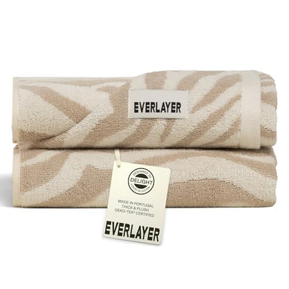 Everlayer Luxury XL Hand Towels, 2 Pack, 20 x 39 Inch, Made in Portugal | 500 GSM, 100% Combed Cotton, Utra-Soft & Plush, Reversible Design, Oeko-Tex Certified, Oversized, Incl 2 Pieces, Sand Allover - color: Sand Allover, size: Hand Towel, style: 2 Pcs
