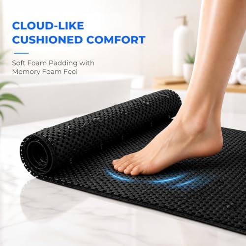 Bath Bliss Cushioned Foam Bath Mat Non Slip Bathtub Mat with 58 Suction Cups Black Color 17x36 | Machine Washable | Quick Drain Safety - color: Black