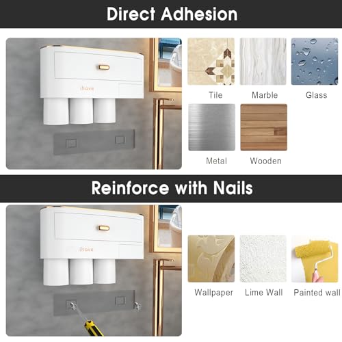 iHave Toothbrush Holders for Bathrooms, Wall Mounted Toothbrush Organizer | Elegant White & Gold Bathroom Decor: 3 Cups, 6 Slots, Large Tray & Drawer Wall Mount Toothbrush Organizer, No Drilling - size: 3 cup