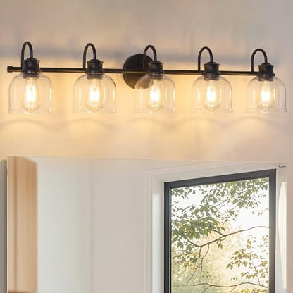 URSOLA 5 Lights 40" Bathroom Vanity Light Fixtures, Matte Black Traditional Classic Vanity Light with Clear Glass, Bathroom Lighting Fixtures Over Mirror - color: Black, size: 5 Lights