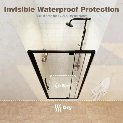 32-36" W x 72" H Semi-Frameless Pivot Swing Shower Doors | 1/4" (6mm) Clear SGCC Tempered Glass with a 20.3" walk-in opening, Matte Black Finish, Reversible, Magnetic Closing - color: Matte Black, size: 32" - 36"