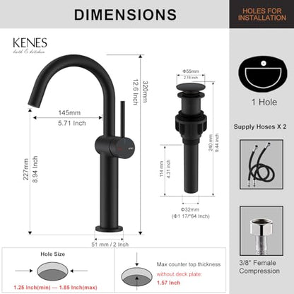Matte Black Vessel Sink Faucet Single Handle, Tall Bathroom Faucet | Vessel Bowl Faucet with Pop Up Drain & Supply Lines, Lead-Free cUPC & NSF Certified, 1 Hole Faucet for Vanity RV Restroom - color: Matte Black, size: Tall