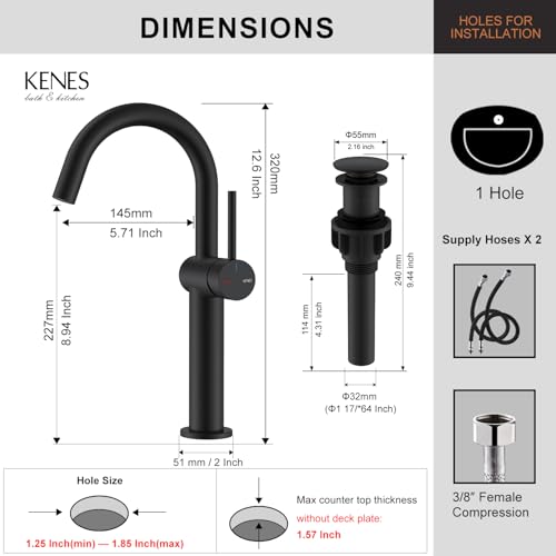Matte Black Vessel Sink Faucet Single Handle, Tall Bathroom Faucet | Vessel Bowl Faucet with Pop Up Drain & Supply Lines, Lead-Free cUPC & NSF Certified, 1 Hole Faucet for Vanity RV Restroom - color: Matte Black, size: Tall