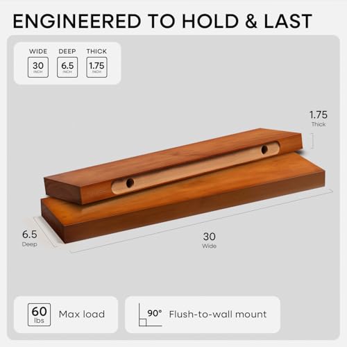 Oak Floating Shelves 30 inch Long, High End Solid Real Wood 30inch Floating Shelf for Wall Mounted, Honey Oak Wooden 30in Floating Shelves, Heavy Duty Bracket, 30 X 6.5 X 1.75 in, Set of 2 - color: Honey Oak - Warm Amber Tone, size: 30 inch