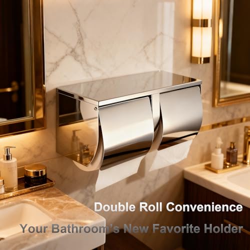Double Toilet Paper Holder with Shelf，Large Commercial Toilet Paper Dispenser Wall Mounted Tissue Roll for Bathroom Paper Roll Holder Cat Proof Toilet Tissue Cover, Stainless Steel