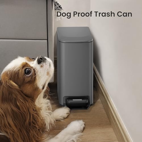 Cesun Small Bathroom Trash Can with Lid, 1.6 Gal, Soft Close, Gray | Step pedal soft close, Slim 5.9in fits narrow spaces, Stainless steel, Anti-fingerprint, Removable inner bucket, Odor seal - color: Gray