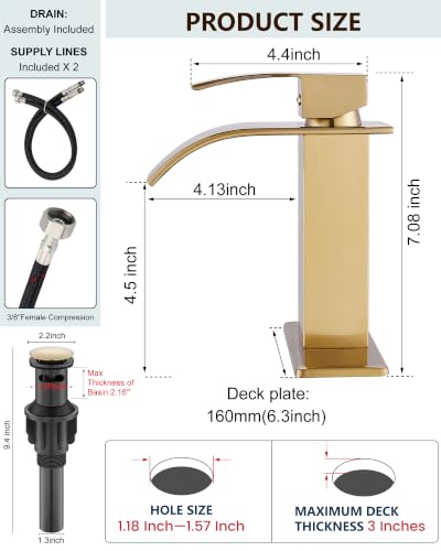 Midanya Waterfall Bathroom Faucet 1 Hole,Brushed Gold | with 24” Hoses,Pop Up Drain,6” Deck Plate,for 1 or 3 Hole Vanity,Lavatory,RV,Single Handle Bathroom Sink Faucet,NSF Certified - color: Light Gold