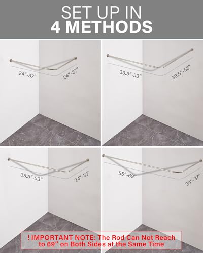 Corner Shower Curtain Rod, [24"-53"] x [24"-53"] Adjustable L Shaped No-Sagging 90 Degree Curved Curtain Rod for Bathroom with 12 Ring Hooks & Ceiling Support - Brushed Nickel - size: 24"-53" x 24"-53"