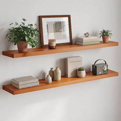 48 inch Oak Floating Shelf, High End Solid Real Wood 48inch Floating Shelves for Wall Mounted, Honey Oak Wooden 48in Large Floating Shelves, Heavy Duty Bracket, 48 X 6.5 X 1.75 in, Set of 2 - color: Honey Oak - Warm Amber Tone, size: 48 inch