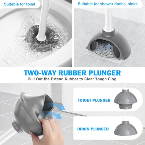 Toilet Plunger and Brush Set, Bowl Brush and Heavy Duty Toilet Plunger with Ventilated Holder, 2-in-1 Toilet Brush and Plunger Combo for 5.3-inch Toilet Drain Bathroom Deeply Cleaning(White & Grey) - color: White & Grey01