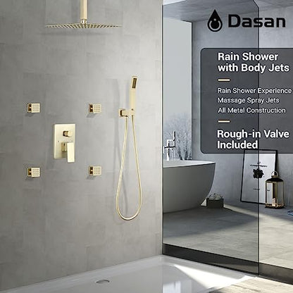 Brushed Gold Shower System with 4 PCS Shower Body Spray Jets & 12’’ Ceiling Shower Head & Handheld Spray, DASAN Full Body Shower Faucet System with Jets Rainfall Shower Combo Set, SA-SS03BBG-S12C - color: Brushed Gold