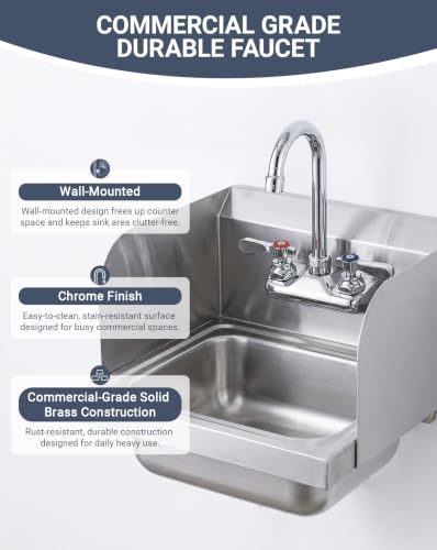 Commercial Sink Faucet Wall Mount 4" Center Hand Sink Faucet - 3-1/2" Gooseneck Spout, Dual Lever Handles for Commercial Kitchen, Laundry/Utility Room, Restaurant | Brass Body, Ceramic Valve - size: 4" Center 3-1/2" Swivel Spout