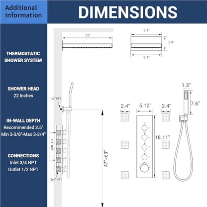 Luxury Thermostatic Rain & Waterfall Shower System with 22” Rain Shower Head & 6 Body Jets, Wall Mounted Shower Faucet Sets with Handheld Sprayer, 3/4” Inlet Thermostatic Valve - color: Matte Black