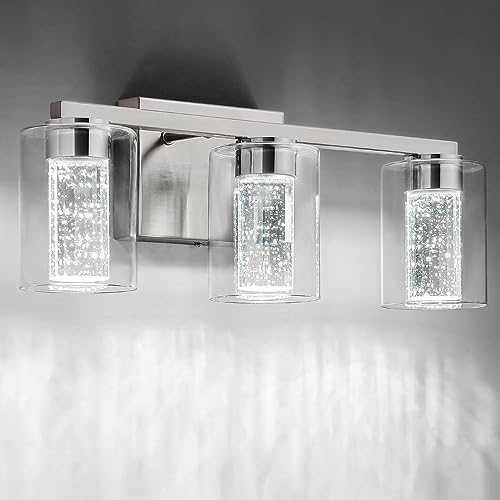 SineRise 3-Light Brushed Nickel Vanity Light with 3 Color Modes (3000K/4000K/6000K), Eye Protection LED Bathroom Light Fixture, Dimmable Modern Wall Light Over Mirror with Clear Glass Shade - color: Brushed Nickel, size: 3-light