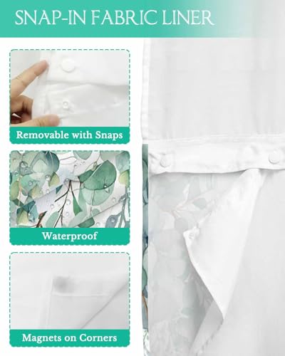 No Hook Shower Curtain and Snap in Liner Set, Green Eucalyptus Fabric Bathroom Stall Shower Curtains 54x78, See Through Mesh Top Window, Spring Summer Botanical Floral Leaves Country Hotel Style - color: Green, size: 54"W x 78"L (Pack of 1)