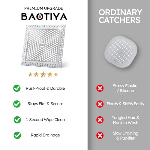 Square Shower Drain Hair Catcher, Efficient Drainage, Gray, 4 inch | 304 Stainless Steel and TPE Material/ Stays in Place / Easy Clean / Anti-Clogging / Fits Bathroom Hair Catcher for Shower - color: Gray, size: 4 inch