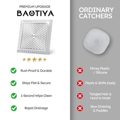 Square Shower Drain Hair Catcher, Efficient Drainage, Gray, 4 inch | 304 Stainless Steel and TPE Material/ Stays in Place / Easy Clean / Anti-Clogging / Fits Bathroom Hair Catcher for Shower - color: Gray, size: 4 inch