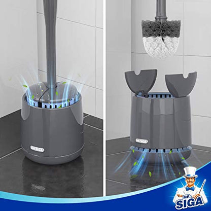 MR.SIGA Toilet Bowl Brush and Holder, Sturdy Long Handle, Gray, 1 Pack | Automatic lid design, upgraded ventilation, replaceable toilet brush head dries quickly - color: Gray, size: One Size