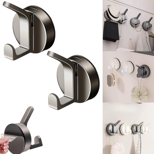 Suction Cup Hooks for Bathroom and Shower Wall - Strong Vacuum Towel Holder, Plastic Loofah and Sponge Hanger for Glass Door or Tile (Gun Gray, 2-Pack) - color: Gun Gray, size: 2 Pack