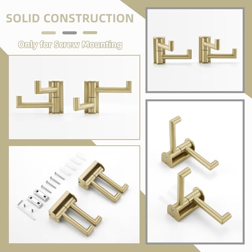 Angle Simple Swivel Hooks, Robe Towel Hook Brushed Gold, 2 Pack | Sturdy SUS304 Stainless Steel, Foldable Hand Towel Holder for Bathroom Kitchen Closet RV, Screws Wall Mount - color: Brushed Gold, size: 2 Pack