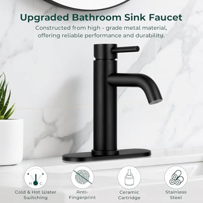 Bathroom Faucet, Single Handle Vanity Sink Faucet, Matte Black | Matte Black, for 1/3-Hole, Stainless Steel, Ceramic Cartridge, Pop-Up Drain, Deck Plate, For Vanity Powder Laundry - color: Matte Black