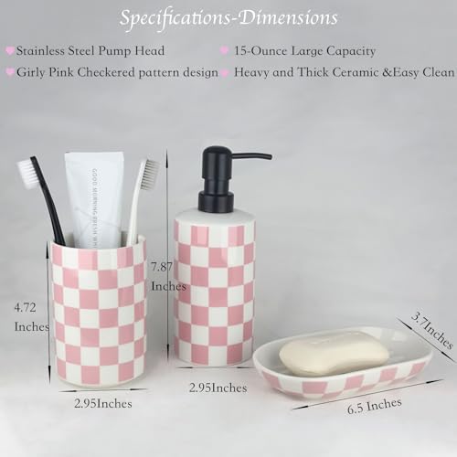 Pink Bathroom Toothbrush holder set, Cute Ceramic Bathroom Accessories, Includes Hand Soap Dispenser, Tooth Brush Holder, and Soap Dish, Funny Bathroom Accessories sets for Girls Woman Guest Bathrooms - color: Girly Pink