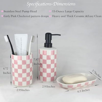 Pink Bathroom Toothbrush holder set, Cute Ceramic Bathroom Accessories, Includes Hand Soap Dispenser, Tooth Brush Holder, and Soap Dish, Funny Bathroom Accessories sets for Girls Woman Guest Bathrooms - color: Girly Pink
