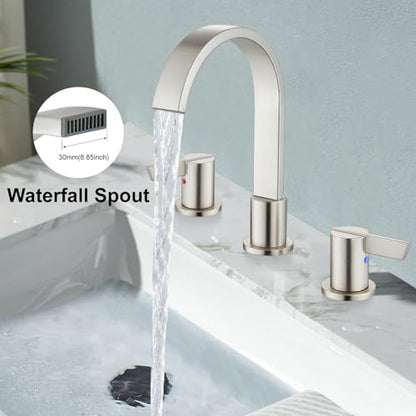 Midanya 8 Inch Widespread Bathroom Sink Faucet 3 Hole,Brushed Nickel | Waterfall Swivel Spout,2 Handle,SUS304,with Pop Up Drain,cUPC 24" Water Hose,for 6-16” hole distance vanity,RV,Farmhouse Sink - color: Nickel