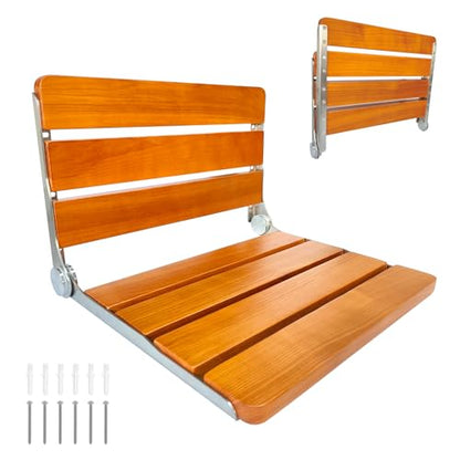 Folding Shower Seat Wall Mounted Shower Seat,Folding Shower Bech Chair 316 Stainless Steel Frame,Foldable Teak Wood Fold Down Shower Seat 450 lbs,1 Pack - color: Teak Wood Color