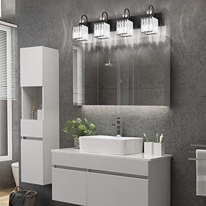 Ralbay Matte Black Crystal Vanity Light 4 Light Modern Crystal Bathroom Lighting Fixtures Over Mirror, Crystal Black Bathroom Vanity Light - color: Square-Black, size: 4-light