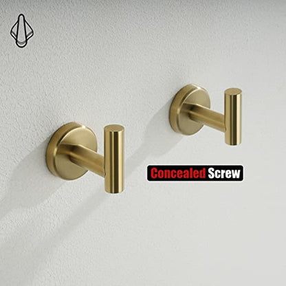 JQK Bathroom Towel Hook Brushed Gold, Brass Coat Robe Clothes Hook for Bathroom Kitchen Garage Wall Mounted (Pack of 2), SUS 304 Stainless Steel 0.8mm, TH100-BG-P2 - color: Gold, size: 2 Pack