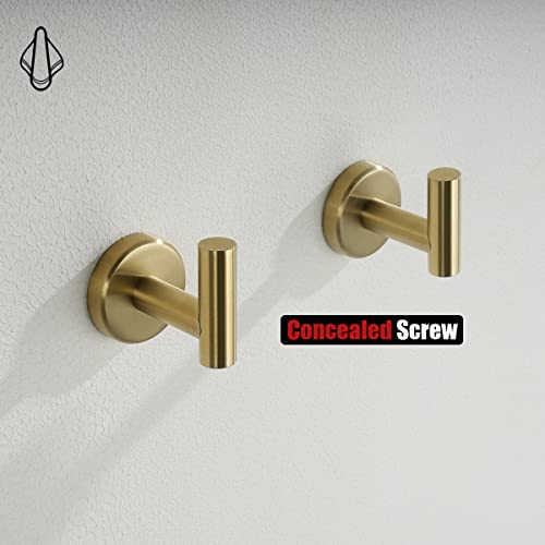 JQK Bathroom Towel Hook Brushed Gold, Brass Coat Robe Clothes Hook for Bathroom Kitchen Garage Wall Mounted (Pack of 4), SUS 304 Stainless Steel 0.8mm, TH100-BG-P4 - color: Gold, size: 4 Pack