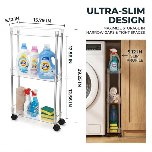 American Dream Home Chrome/Clear Acrylic Slim 3-Tier Rolling Cart Portable Narrow Storage Trolley with Wheels, Transparent Shelves for Bathroom, Kitchen, Office & Small Spaces - size: Medium