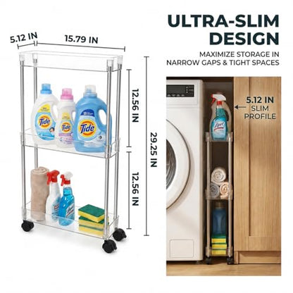 American Dream Home Chrome/Clear Acrylic Slim 3-Tier Rolling Cart Portable Narrow Storage Trolley with Wheels, Transparent Shelves for Bathroom, Kitchen, Office & Small Spaces - size: Medium