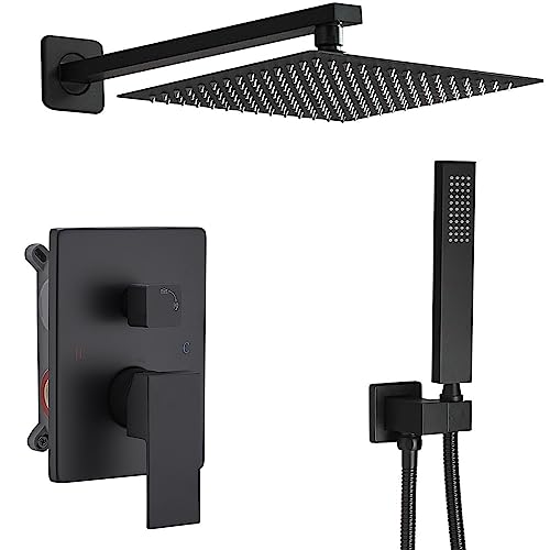 Shower Faucet Set Rain Shower System Matte Black with High Pressure 10-Inch Shower Head Handheld Square Shower Head Bathroom Luxury Rain Shower Faucet Shower Complete Combo Kit Wall Mounted - color: Matte Black, style: 10"- 2 Function