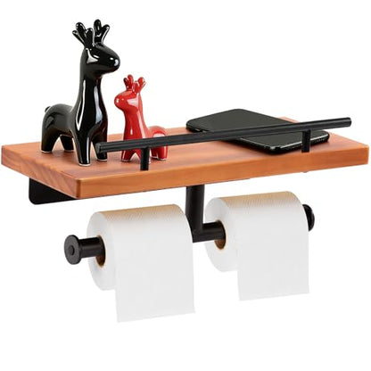 Toilet Paper Holder with Wood Shelf, Wall Mount Toilet Paper Roll Holder with Wooden Shelf and Matte Black Stainless Steel Pipe, Tissue Roll Holder for Bathroom Washroom (Light Brown, 13.8'' x 5.9'') - color: Light Brown, size: 13.8'' x 5.9''