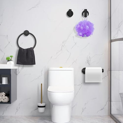 Matte Black Bathroom Hardware Set - Stainless Steel Wall-Mounted Toilet Paper Holder, Towel Ring & 2 Handy Hooks for Modern Bathroom Accessories | Rust-Resistant Towel Hook Set with Easy Installation