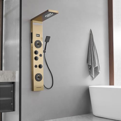 Brushed Gold Shower Panel LED Rainfall Waterfall Shower Head | 6 Functions,Rain Massage,Body Jets,Handheld Shower,Tub Spout,Temperature Display,Wall Mount, Stainless Steel Shower Panel - color: Brushed Gold, style: Shower Panel-LED